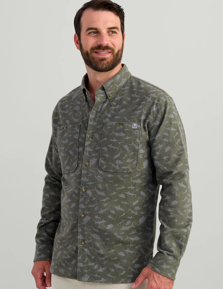 Huk Gear Button Downs-Chesapeake KC Printed Flannel Moss Mini Fish