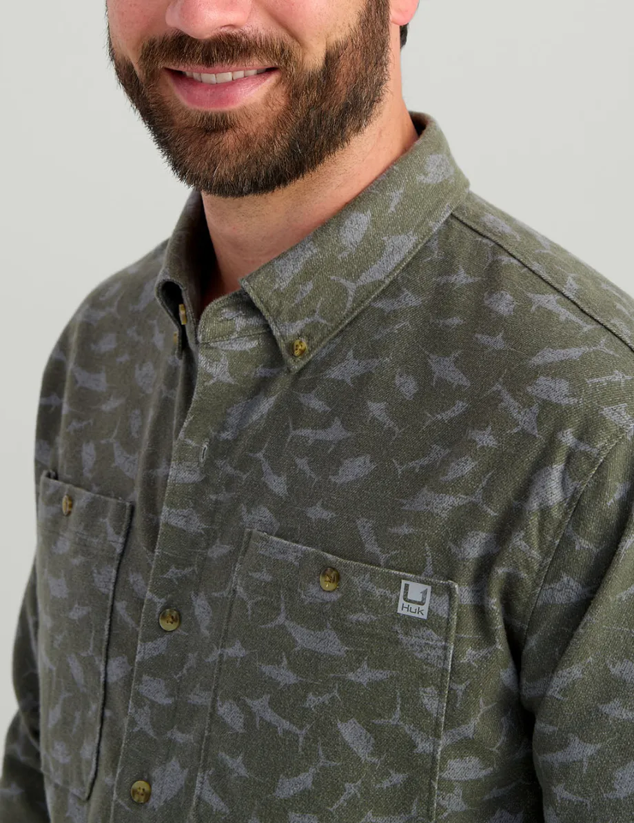 Huk Gear Button Downs-Chesapeake KC Printed Flannel Moss Mini Fish