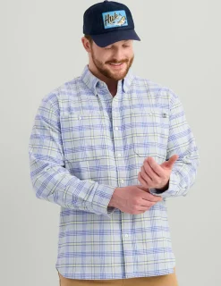Huk Gear Button Downs-Chesapeake Plaid Flannel Harbor Mist Plaid