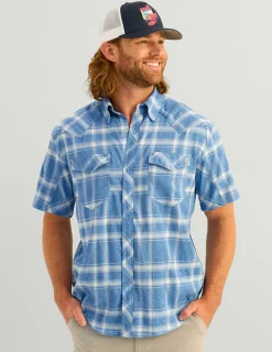 Huk Gear Button Downs-Diamond Back Plaid Short Sleeve Button-Down Ocean Blue Plaid