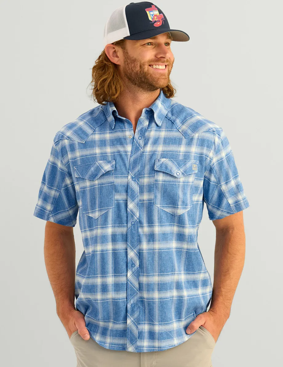 Huk Gear Button Downs-Diamond Back Plaid Short Sleeve Button-Down Ocean Blue Plaid