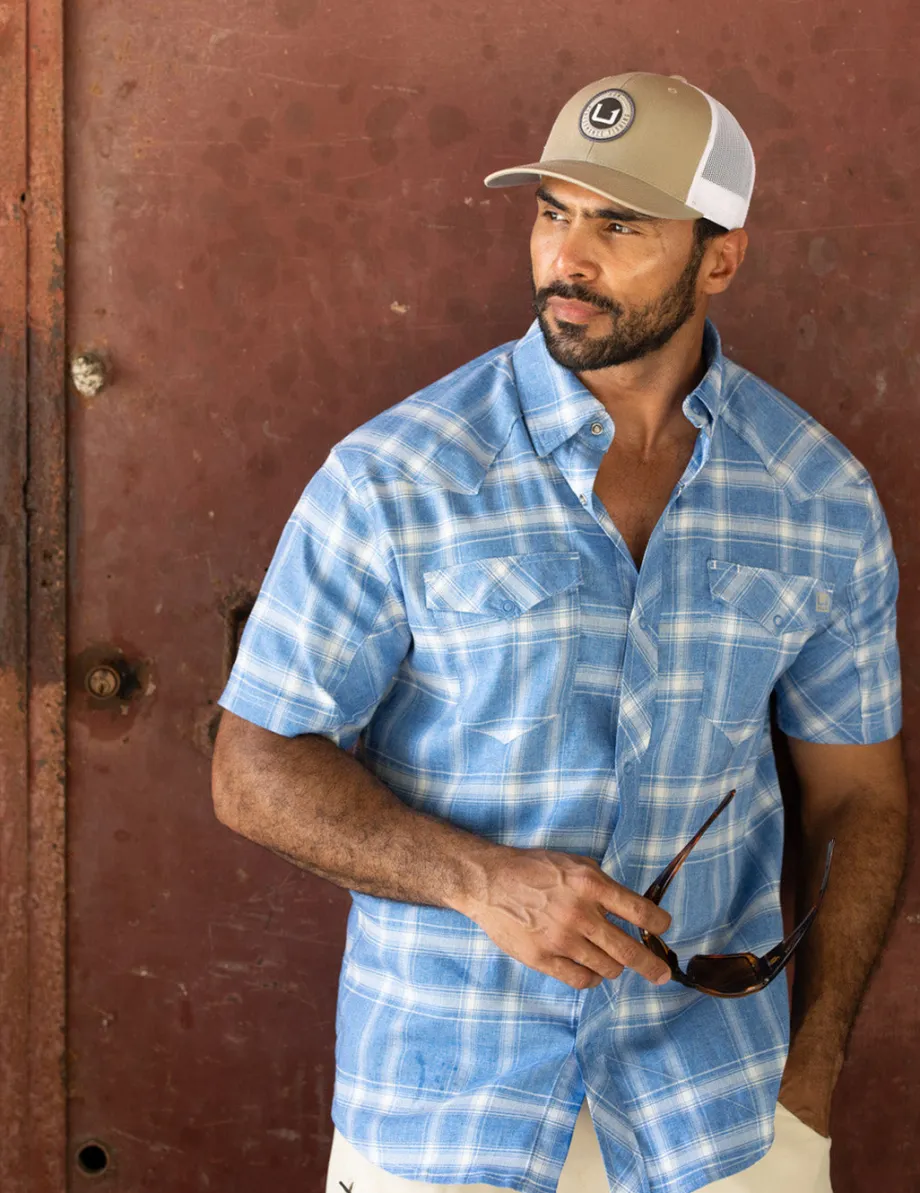 Huk Gear Button Downs-Diamond Back Plaid Short Sleeve Button-Down Ocean Blue Plaid