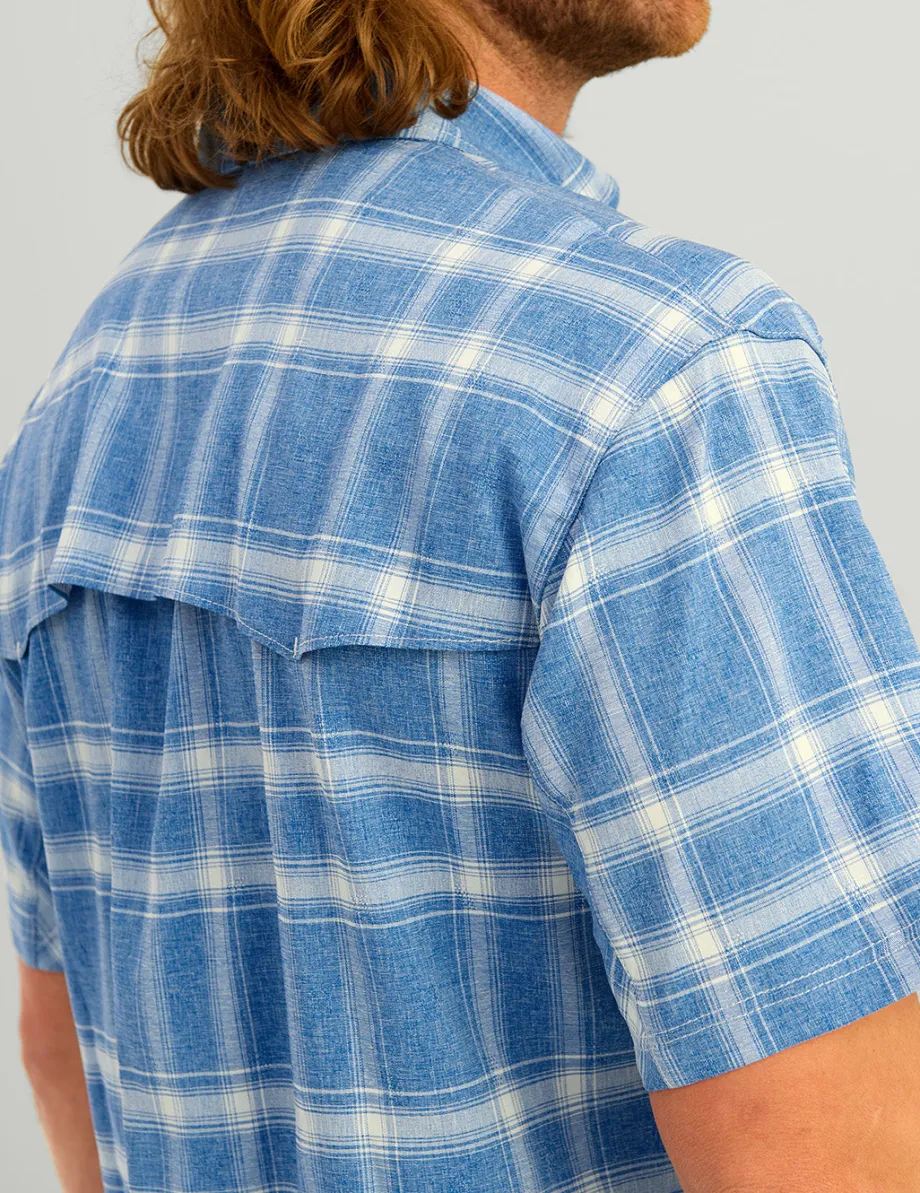 Huk Gear Button Downs-Diamond Back Plaid Short Sleeve Button-Down Ocean Blue Plaid