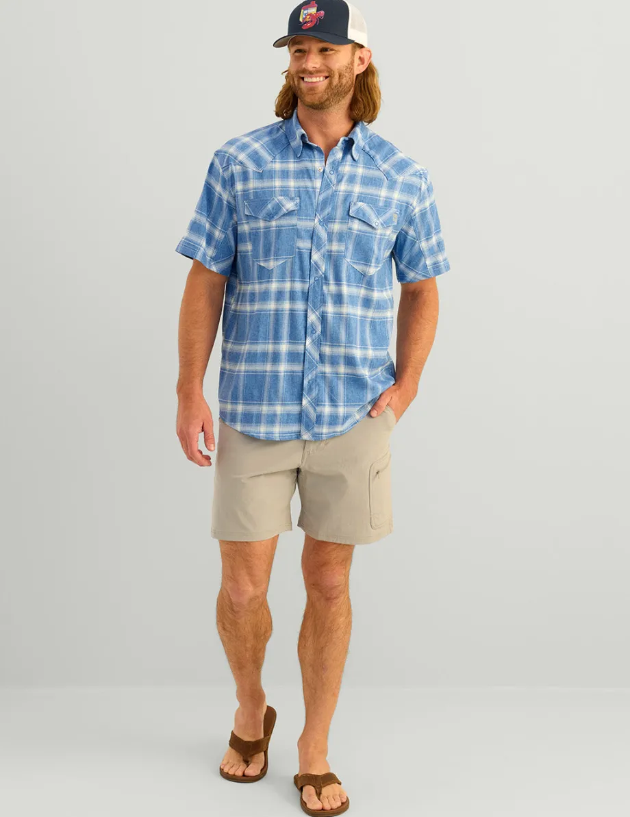 Huk Gear Button Downs-Diamond Back Plaid Short Sleeve Button-Down Ocean Blue Plaid