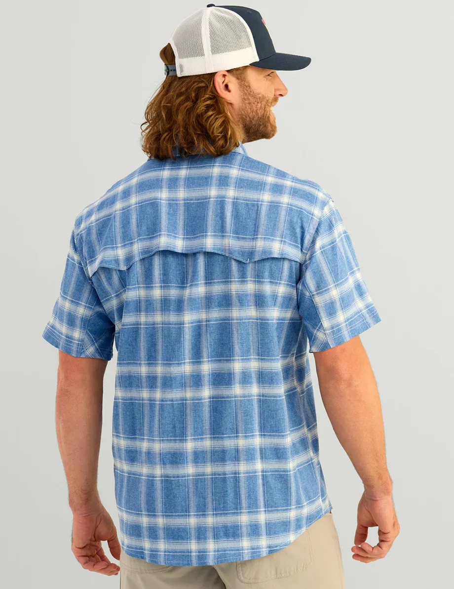 Huk Gear Button Downs-Diamond Back Plaid Short Sleeve Button-Down Ocean Blue Plaid