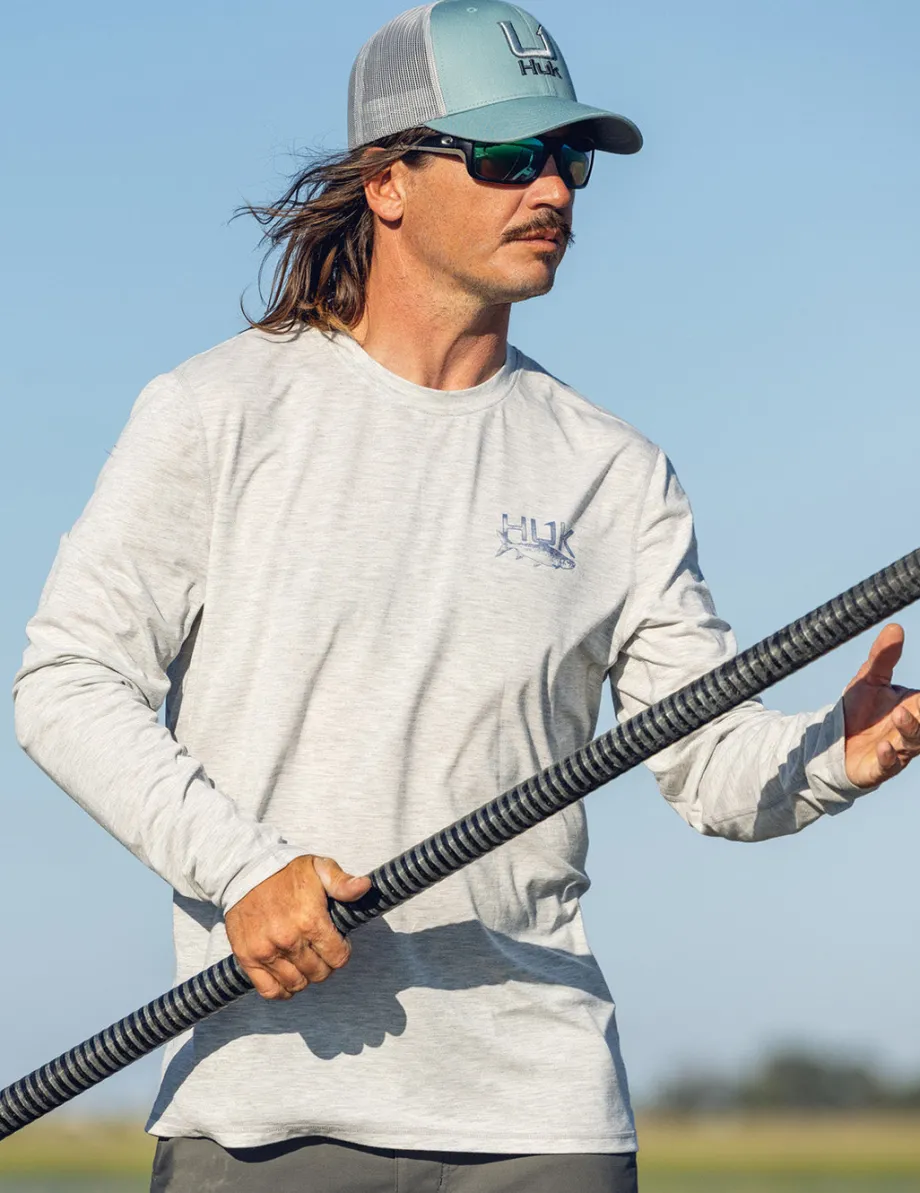 Huk Gear T-Shirts|Performance Tops-Drift Long Sleeve Performance Tee Harbor Mist Heather