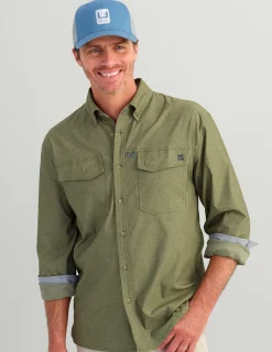 Huk Gear Button Downs-Hawser Tech Lightweight Flannel Moss Heather
