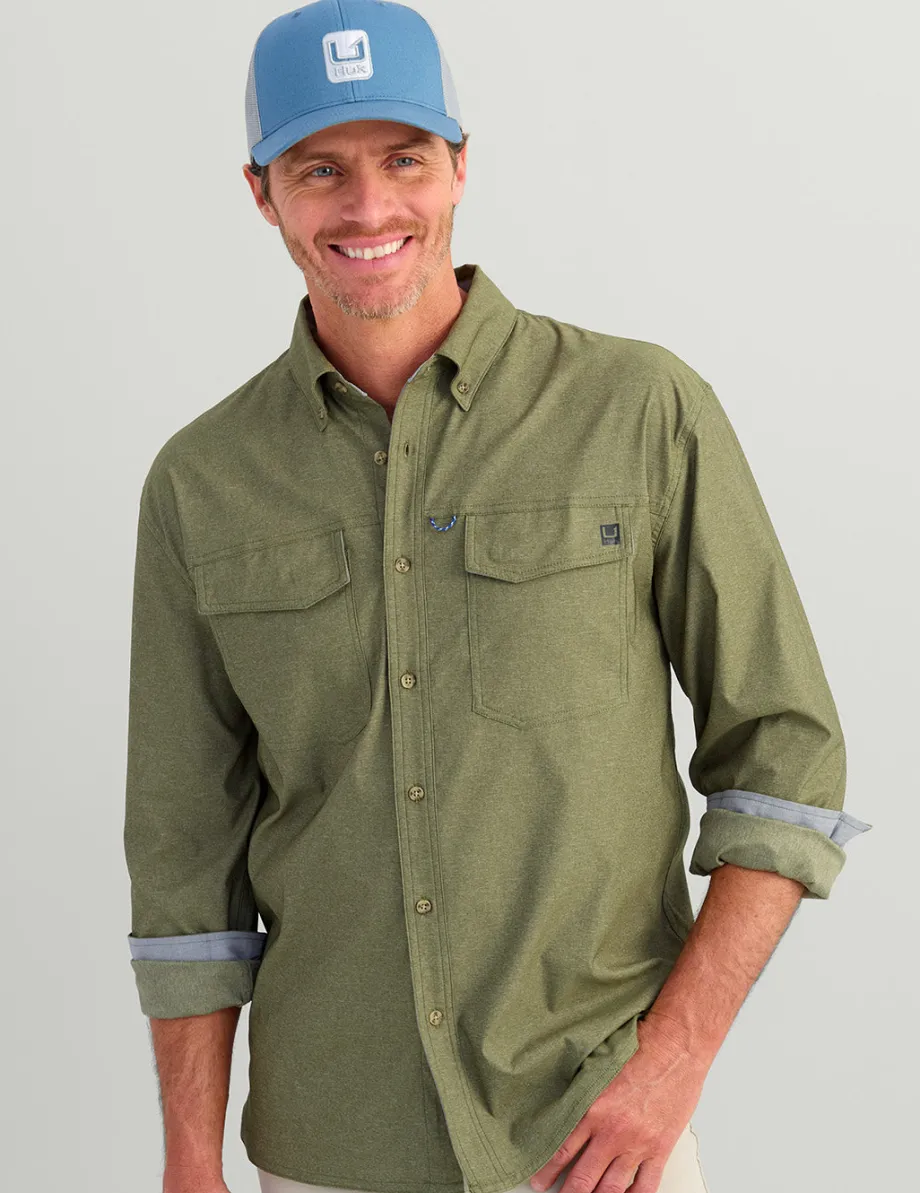Huk Gear Button Downs-Hawser Tech Lightweight Flannel Moss Heather