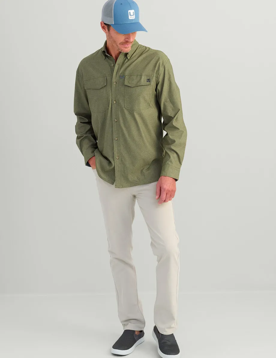 Huk Gear Button Downs-Hawser Tech Lightweight Flannel Moss Heather
