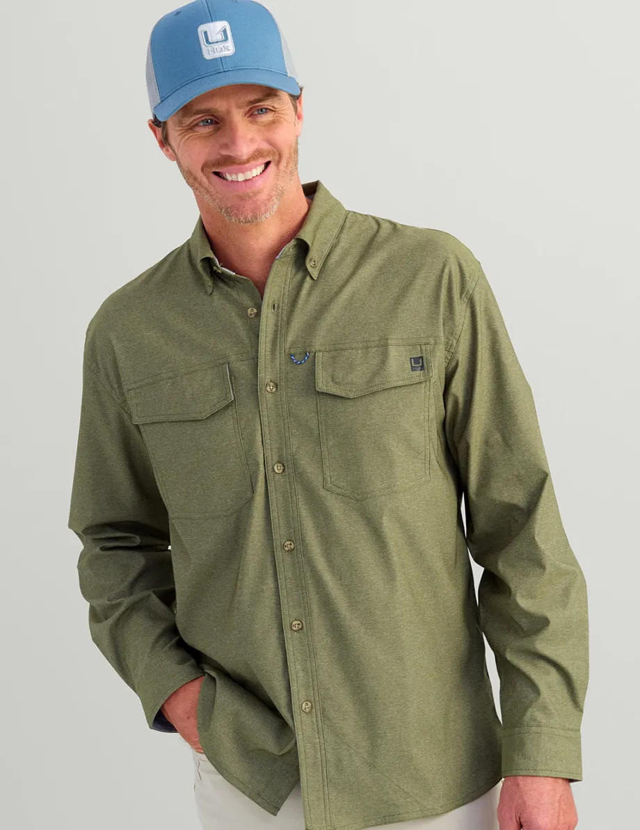 Huk Gear Button Downs-Hawser Tech Lightweight Flannel Moss Heather