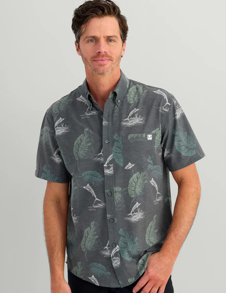 Huk Gear Button Downs-KC Kona Button-Down Volcanic Ash Monstera