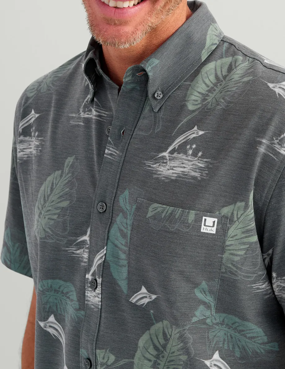 Huk Gear Button Downs-KC Kona Button-Down Volcanic Ash Monstera