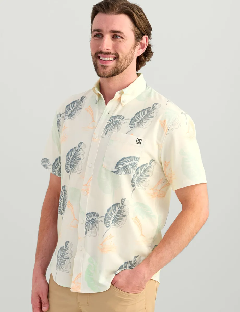 Huk Gear Button Downs-KC Kona Button-Down Egret Monstera