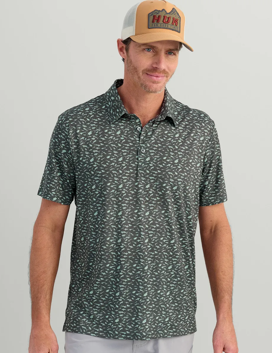 Huk Gear Polos|Performance Tops-KC Print Pursuit Performance Polo Volcanic Ash Mini Fish