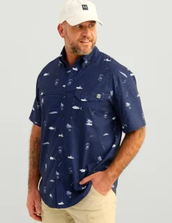 Huk Gear Button Downs-KC Tide Point Short Sleeve Button-Down Naval Academy Tuna Cheers