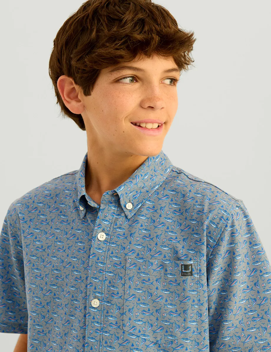 Huk Gear Button Downs-Kids Kona Short Sleeve Button-Down Night Owl Snow Cone Slam
