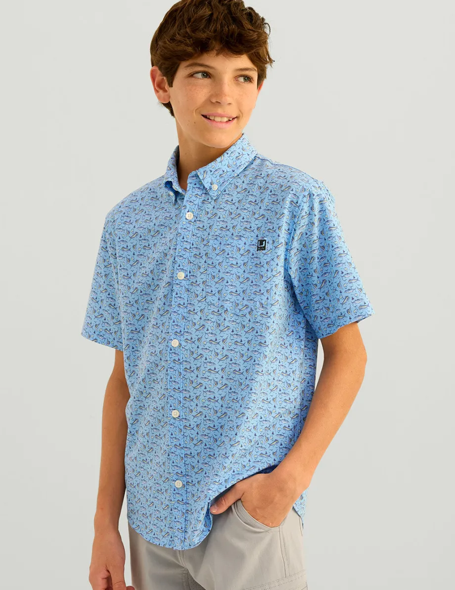 Huk Gear Button Downs-Kids Kona Short Sleeve Button-Down Marolina Blue Snow Cone Slam