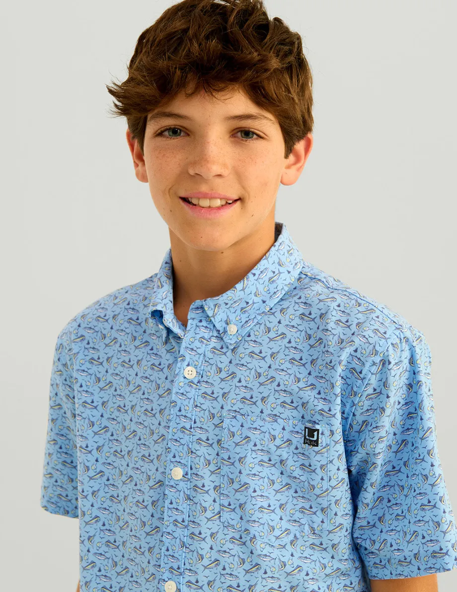 Huk Gear Button Downs-Kids Kona Short Sleeve Button-Down Marolina Blue Snow Cone Slam