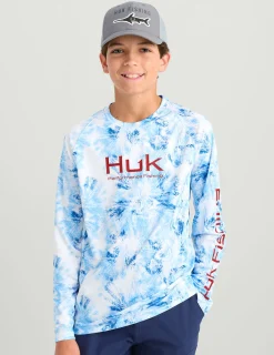 Huk Gear Performance Tops-Kids Pursuit Performance Crew Marolina Blue Aqua Dye