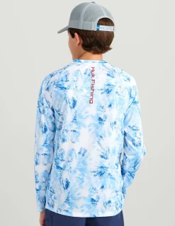 Huk Gear Performance Tops-Kids Pursuit Performance Crew Marolina Blue Aqua Dye
