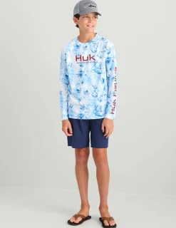 Huk Gear Performance Tops-Kids Pursuit Performance Crew Marolina Blue Aqua Dye
