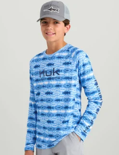 Huk Gear Performance Tops-Kids Pursuit Performance Crew Marolina Blue Aztec Fish