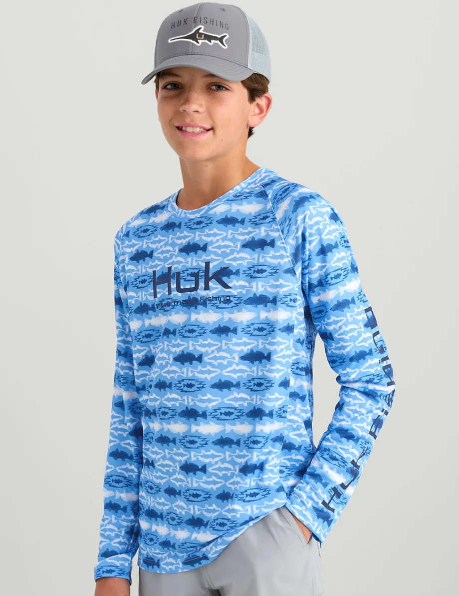 Huk Gear Performance Tops-Kids Pursuit Performance Crew Marolina Blue Aztec Fish