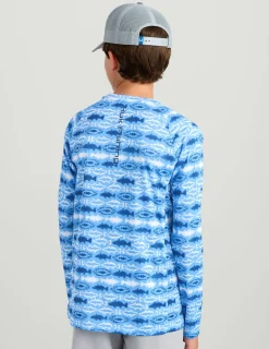 Huk Gear Performance Tops-Kids Pursuit Performance Crew Marolina Blue Aztec Fish