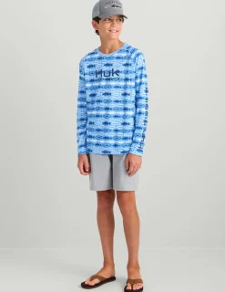 Huk Gear Performance Tops-Kids Pursuit Performance Crew Marolina Blue Aztec Fish