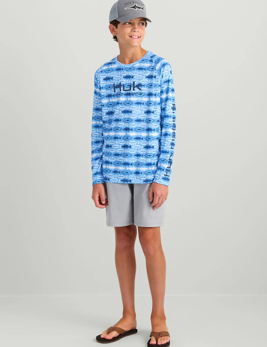 Huk Gear Performance Tops-Kids Pursuit Performance Crew Marolina Blue Aztec Fish