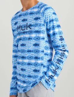 Huk Gear Performance Tops-Kids Pursuit Performance Crew Marolina Blue Aztec Fish