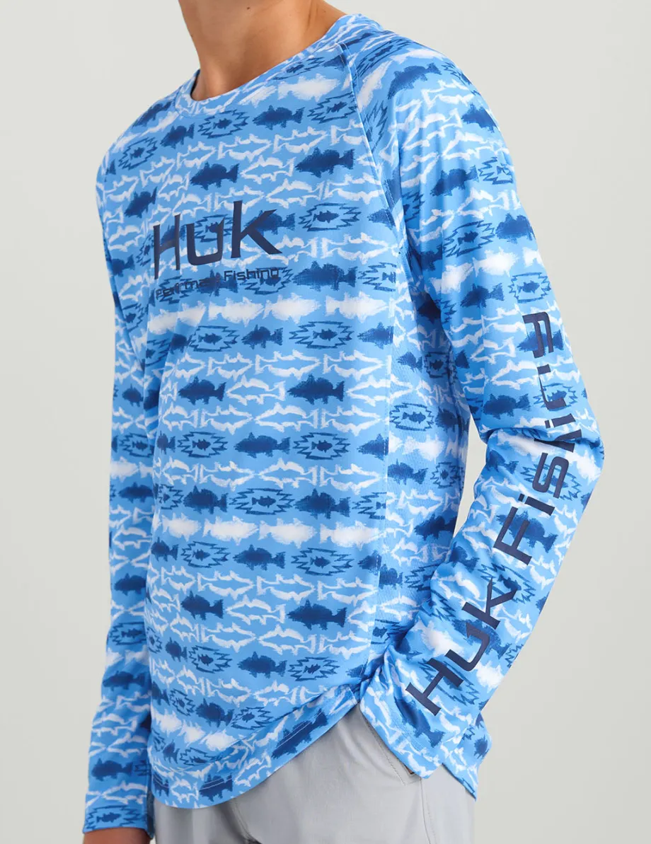 Huk Gear Performance Tops-Kids Pursuit Performance Crew Marolina Blue Aztec Fish