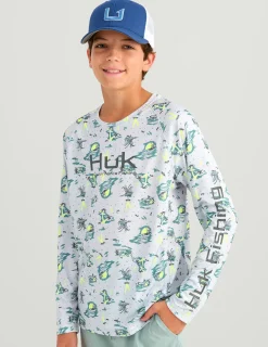 Huk Gear Performance Tops-Kids Pursuit Performance Crew Volcanic Ash Space Palm