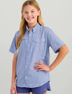 Huk Gear Button Downs|Performance Tops-Kids Tide Point Short Sleeve Button Down Lightning Sky