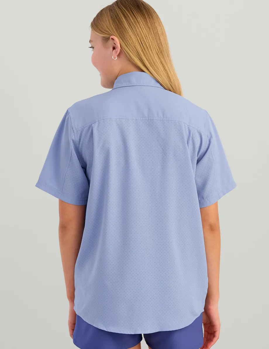 Huk Gear Button Downs|Performance Tops-Kids Tide Point Short Sleeve Button Down Lightning Sky