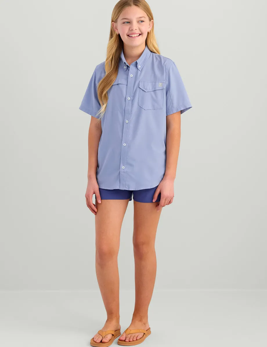 Huk Gear Button Downs|Performance Tops-Kids Tide Point Short Sleeve Button Down Lightning Sky
