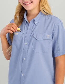 Huk Gear Button Downs|Performance Tops-Kids Tide Point Short Sleeve Button Down Lightning Sky
