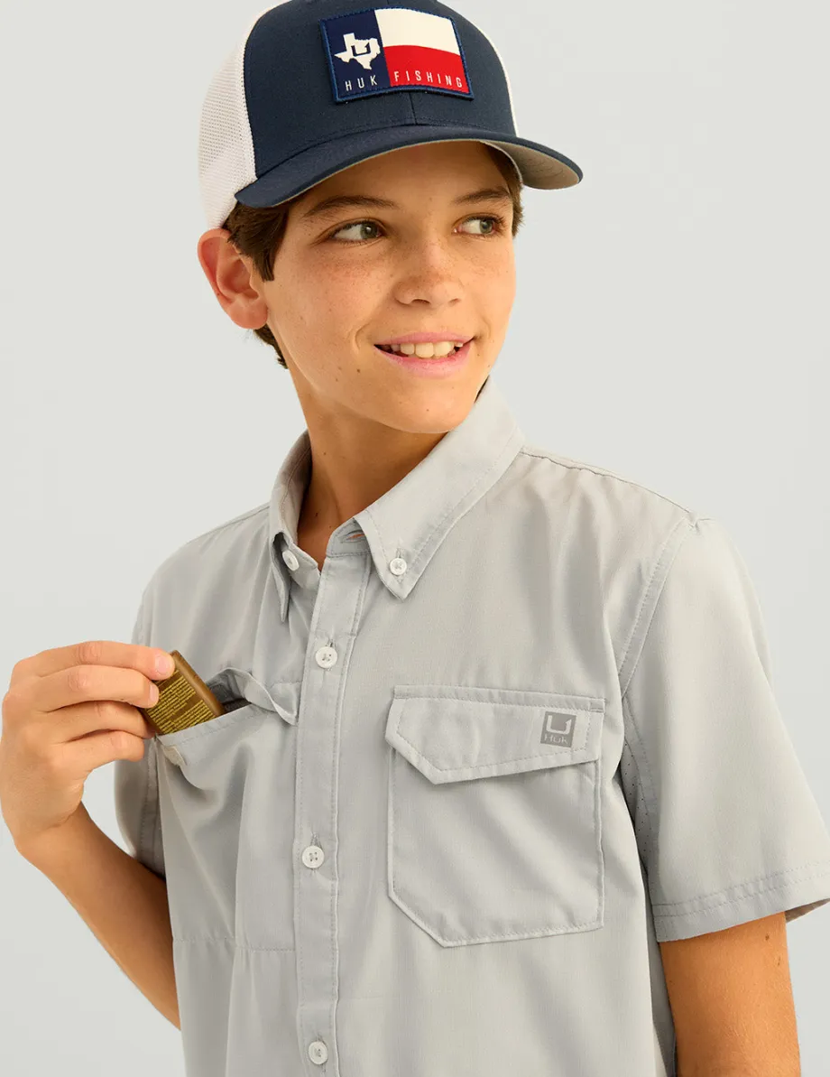 Huk Gear Button Downs-Kids Tide Point Short Sleeve Button Down Harbor Mist