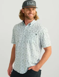 Huk Gear Button Downs-Kona Button-Down Fog Green Fish Dot