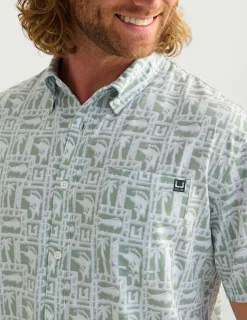 Huk Gear Button Downs-Kona Button-Down Fog Green Fish Dot