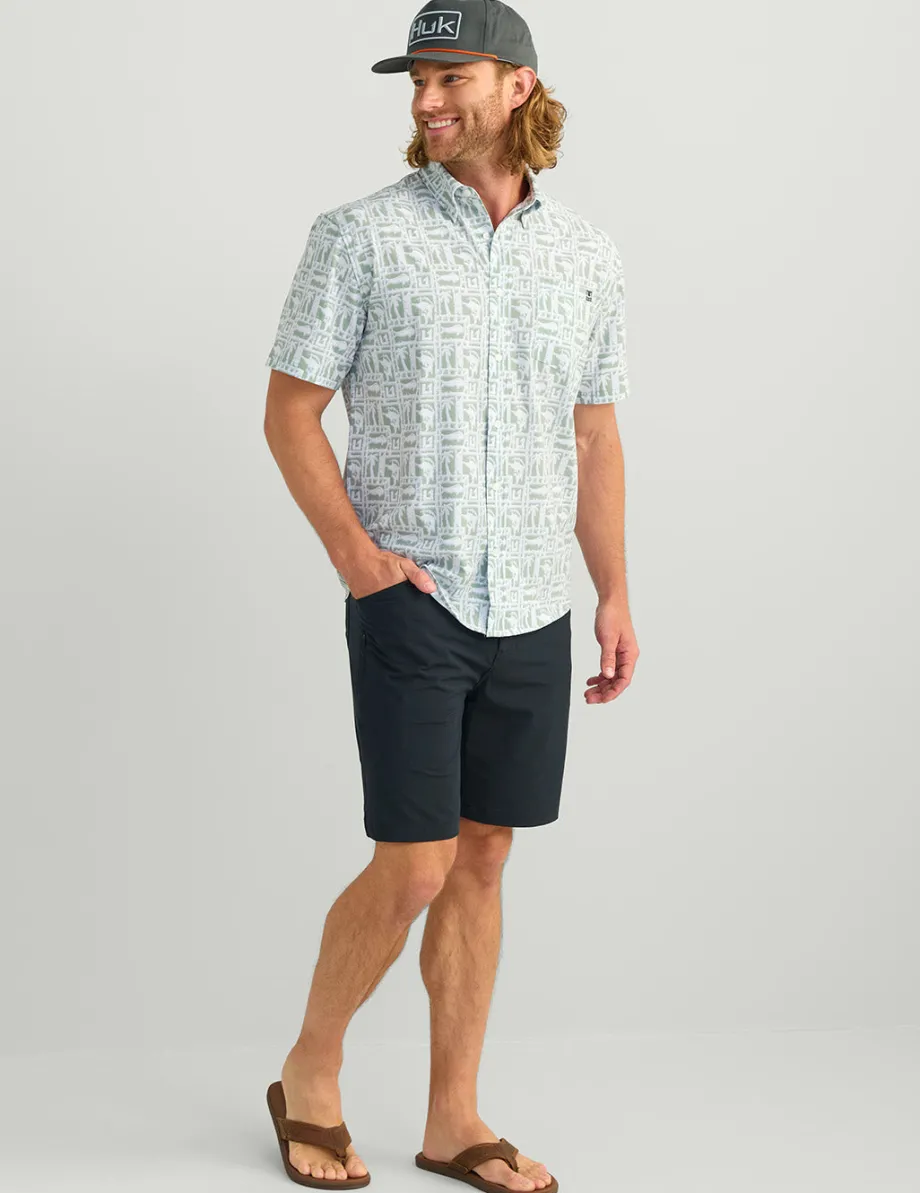Huk Gear Button Downs-Kona Button-Down Fog Green Fish Dot