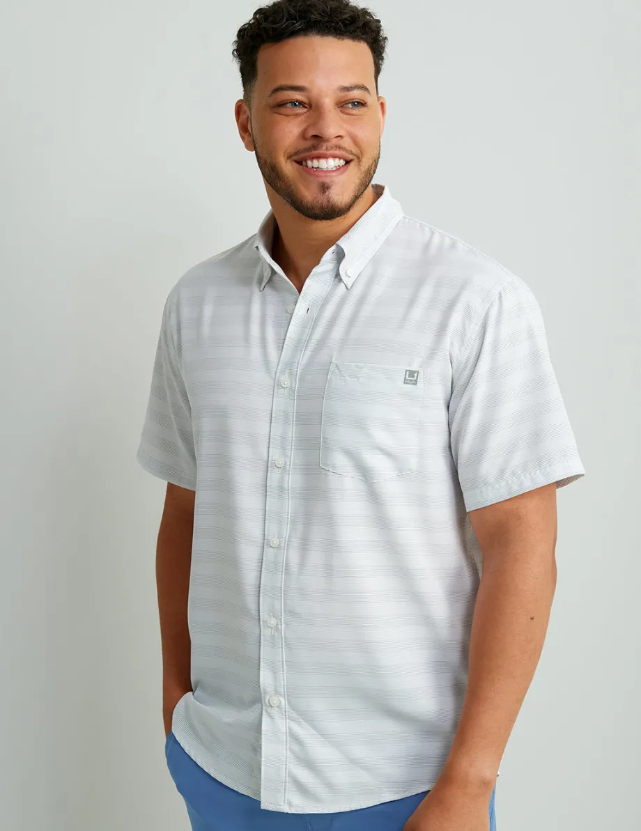 Huk Gear Button Downs-Kona Button-Down Cross Dye Stripe White