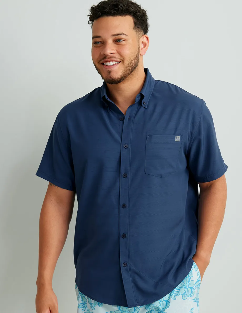 Huk Gear Button Downs-Kona Button-Down Cross Dye Stripe Sargasso Sea