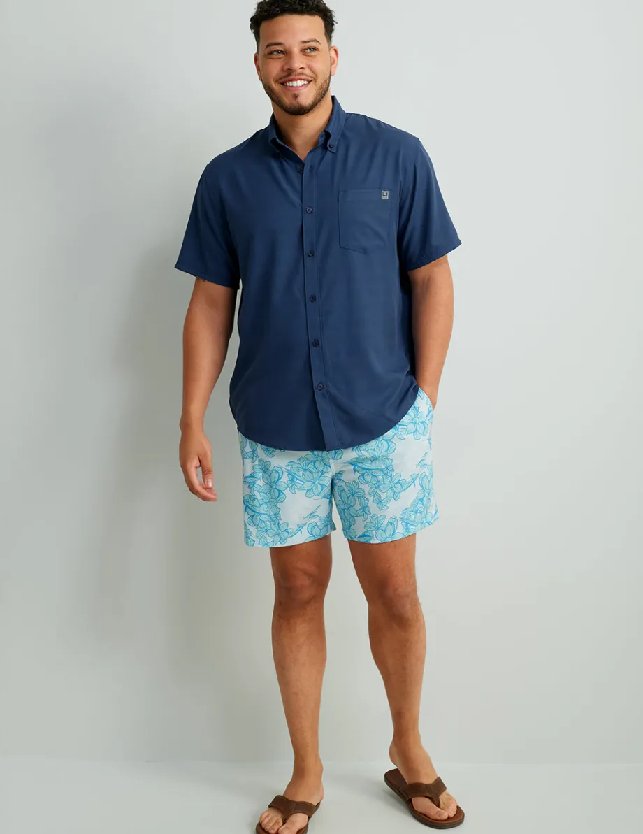Huk Gear Button Downs-Kona Button-Down Cross Dye Stripe Sargasso Sea