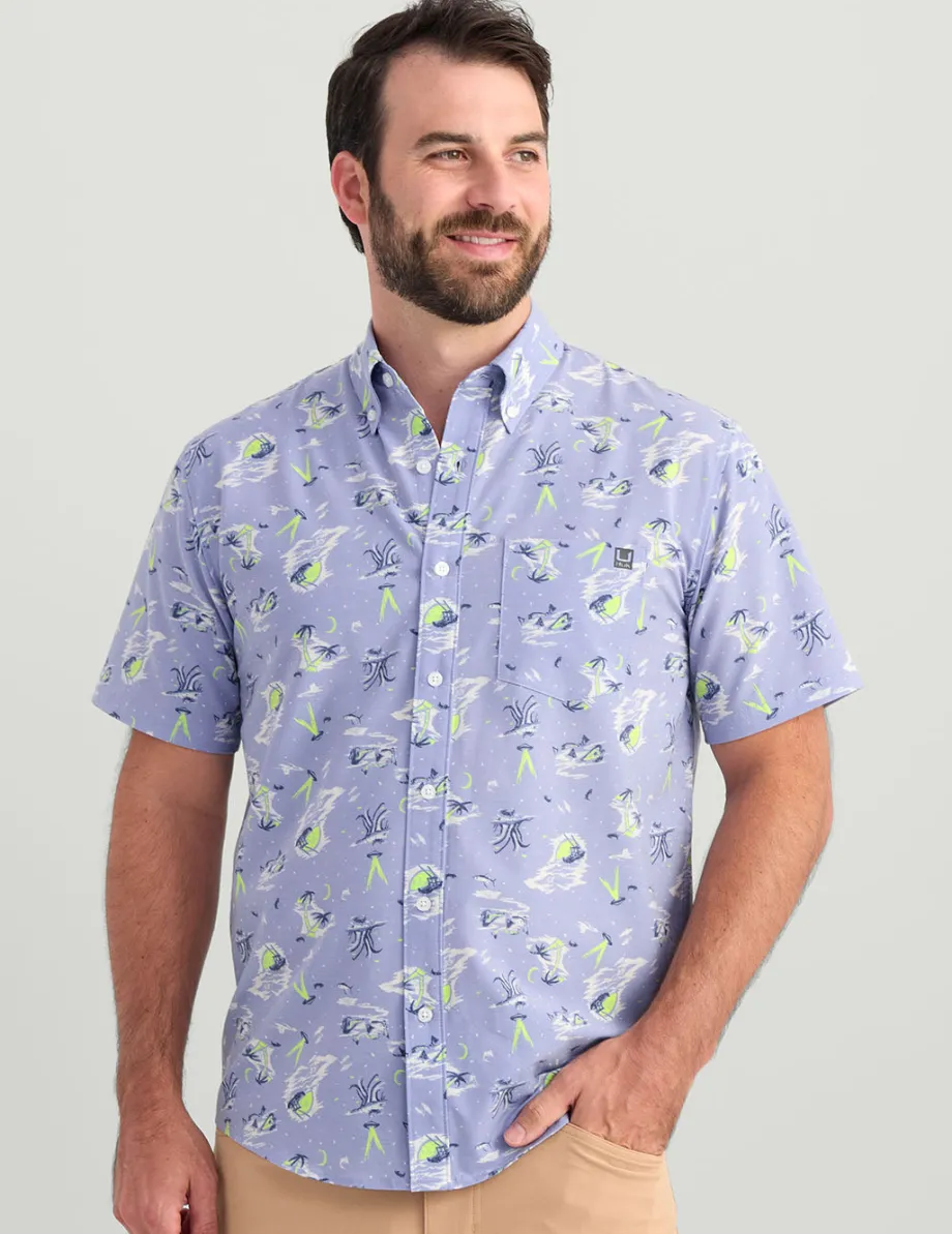 Huk Gear Button Downs-Kona Button-Down Lightning Sky Space Palm