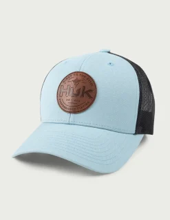 Huk Gear Hats-Leather Patch Trucker Hat Silver Blue