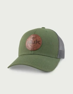Huk Gear Hats-Leather Patch Trucker Hat Moss
