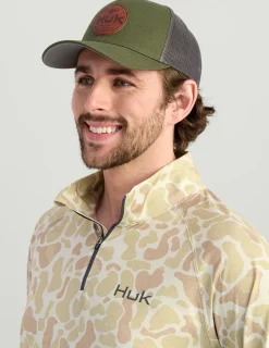 Huk Gear Hats-Leather Patch Trucker Hat Moss