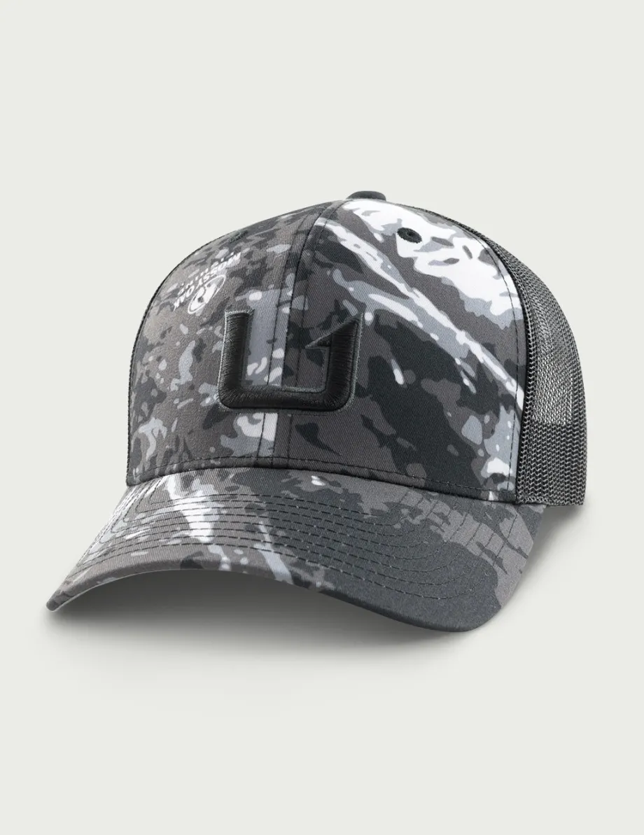 Huk Gear Hats-Mossy Oak Barbed U Trucker Hat Mossy Oak Stormwater Midnight