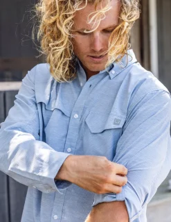 Huk Gear Button Downs-Tide Point Heathered Ripstop Button-Down Quiet Harbor Heather